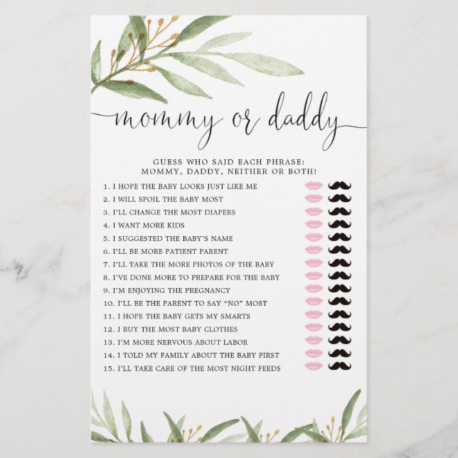 Mummy or Daddy game greenery gold gender neutral (Front)