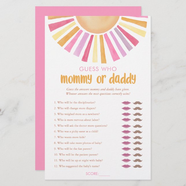 Mummy or Daddy game guess who sunshine girl boho (Front/Back)