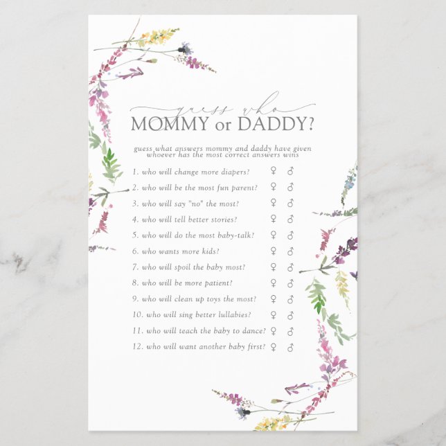 Mummy or Daddy Game Pastel Wildflower Shower Flyer (Front)