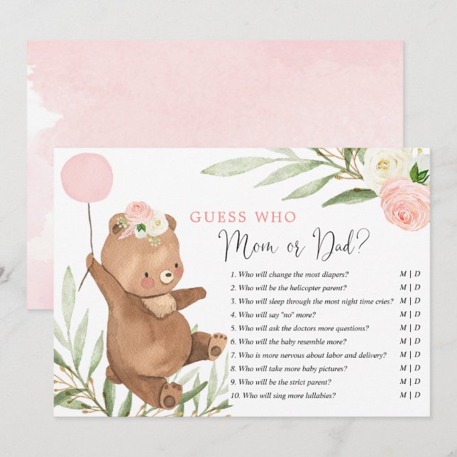 Mummy or Daddy game pink floral teddy bear Invitation (Front/Back)