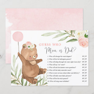 Mummy or Daddy game pink floral teddy bear Invitation