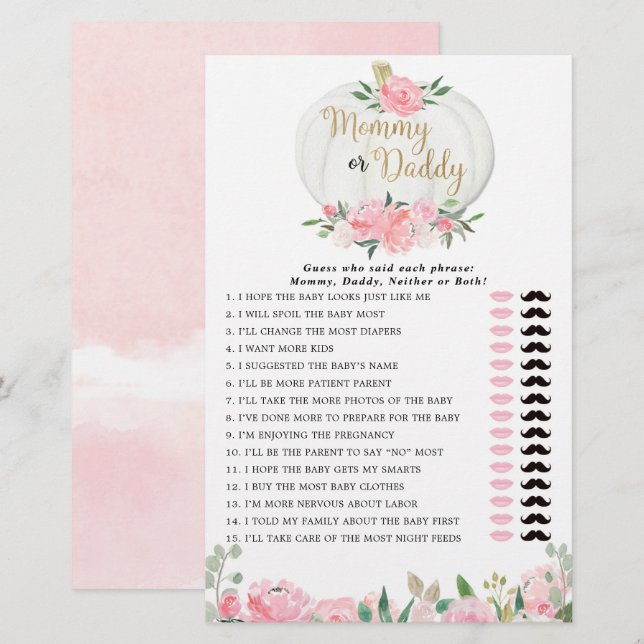 Mummy or Daddy game pink gold fall pumpkins (Front/Back)