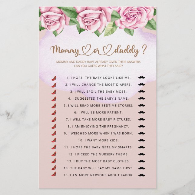 Mummy or daddy girl baby shower game (Front)