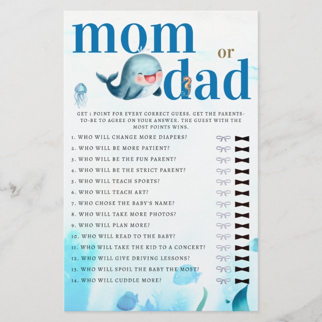 Mummy or Daddy Guess Baby Shower Game Cute Whale Flyer (Front)