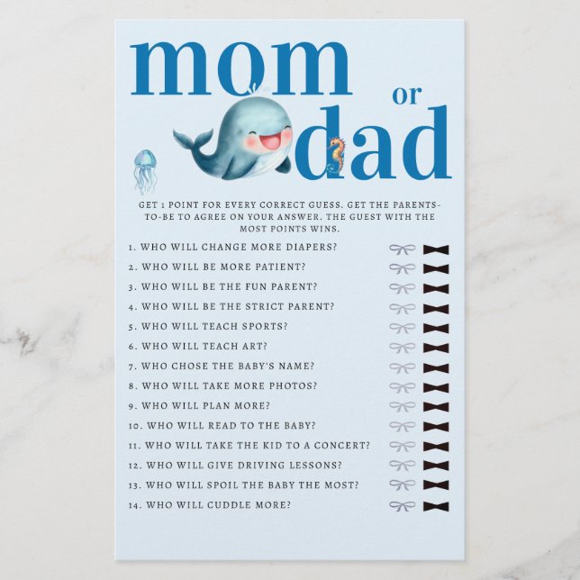Mummy or Daddy Guess Baby Shower Game Funny Whale Flyer (Front)