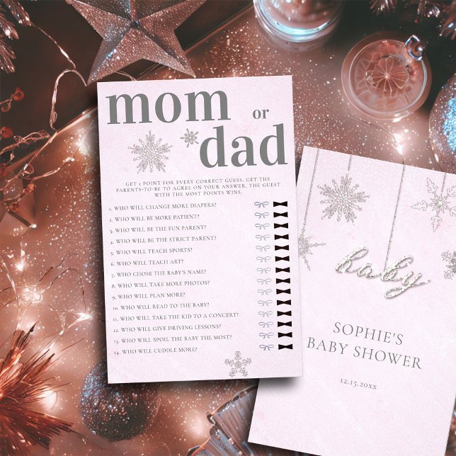 Mummy or Daddy Guess Baby Shower Game Pink Winter Flyer (mom or dad baby shower game pink christmas winter girl invitation rhinestones glitter snowflakes)