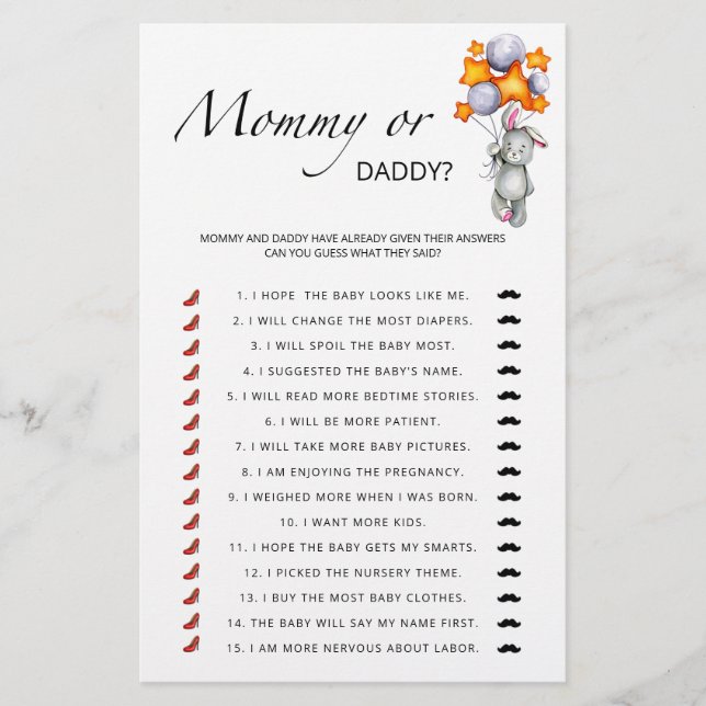 Mummy or daddy little bunny baby shower game (Front)