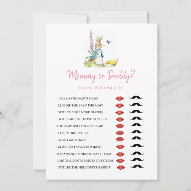 Mummy or Daddy Peter Rabbit Girl Baby Shower Game Invitation (Front)