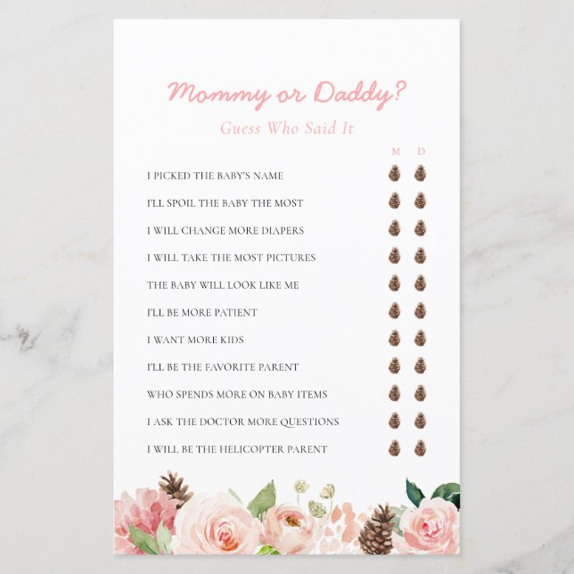Mummy or Daddy Pink Winter Baby Shower Game (Front)