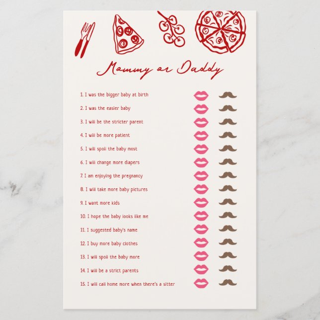 Mummy or Daddy Pizza Baby Shower Games (Front)