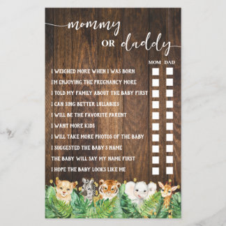 Mummy or Daddy Safari Baby Shower Game Card