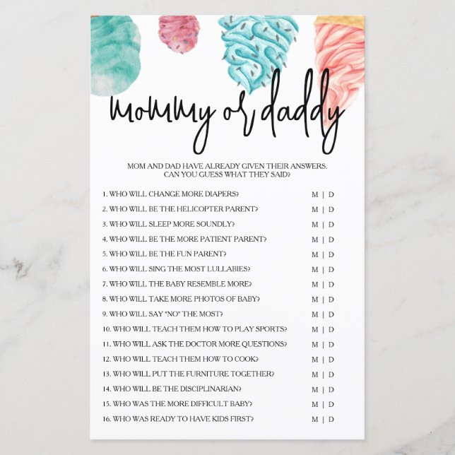 Mummy or Daddy What's the Scoop Baby Shower Game (Front)