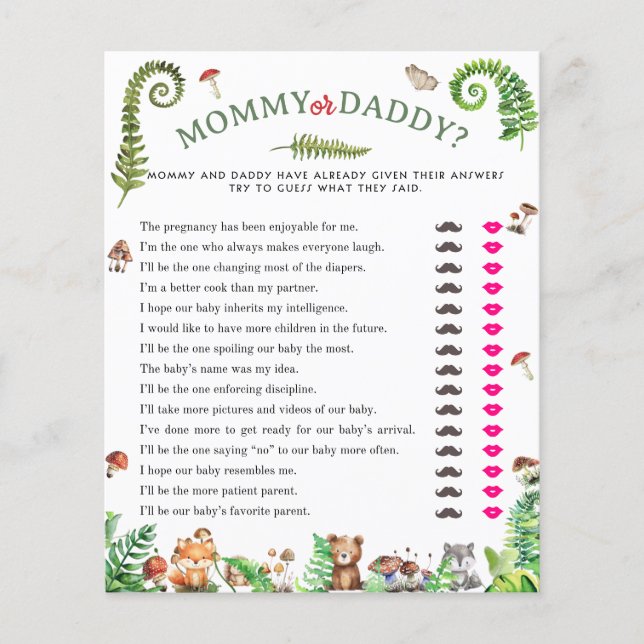 Mummy or daddy woodland animal baby shower game (Front)