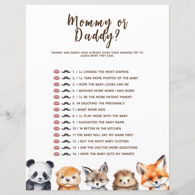 Mummy or Daddy Woodland Animals Baby Shower Game (Front)