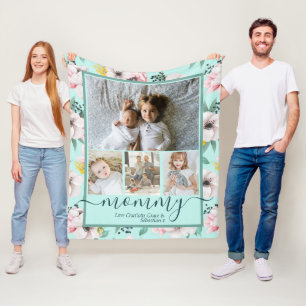 Mummy Personalised Flower Pattern Photo Collage Fleece Blanket