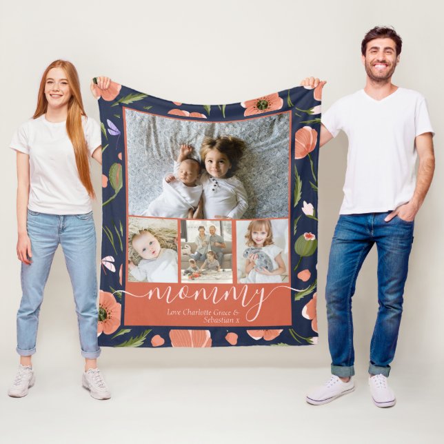 Mummy Personalised Flower Pattern Photo Collage Fleece Blanket (In Situ)