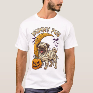 Mummy Pug Dog Pumpkin Crescent Moon T-Shirt