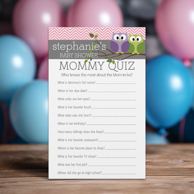 Mummy Quiz Shower Games Pink Owls Baby Girl (Custom Baby Shower Games)