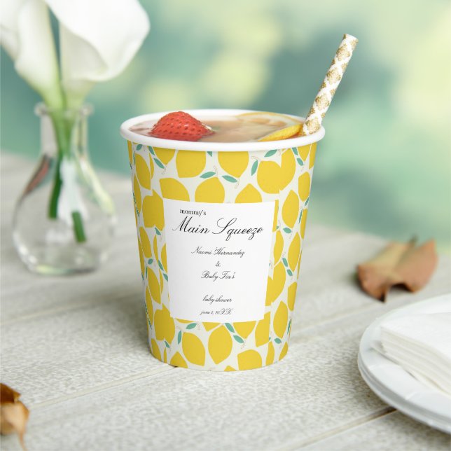 Mummy’s Main Squeeze Lemon Citrus Baby Shower Paper Cups (Insitu)