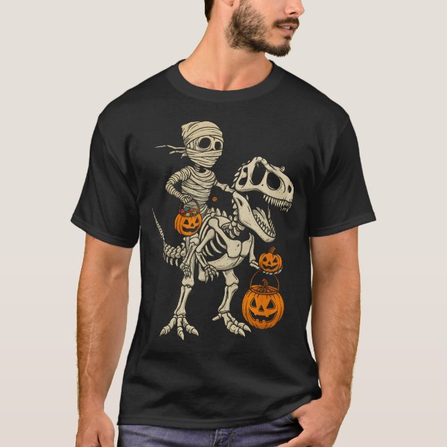 Mummy Skeleton Riding Dinosaur T Rex Kids Boys Men T-Shirt (Front)