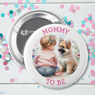 Mummy To Be Baby Girl and Puppy Pink Baby Shower 6 Cm Round Badge