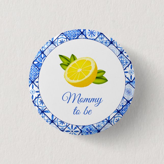 Mummy To Be - Italian Blue Tile Lemon Baby Shower 3 Cm Round Badge (Front)