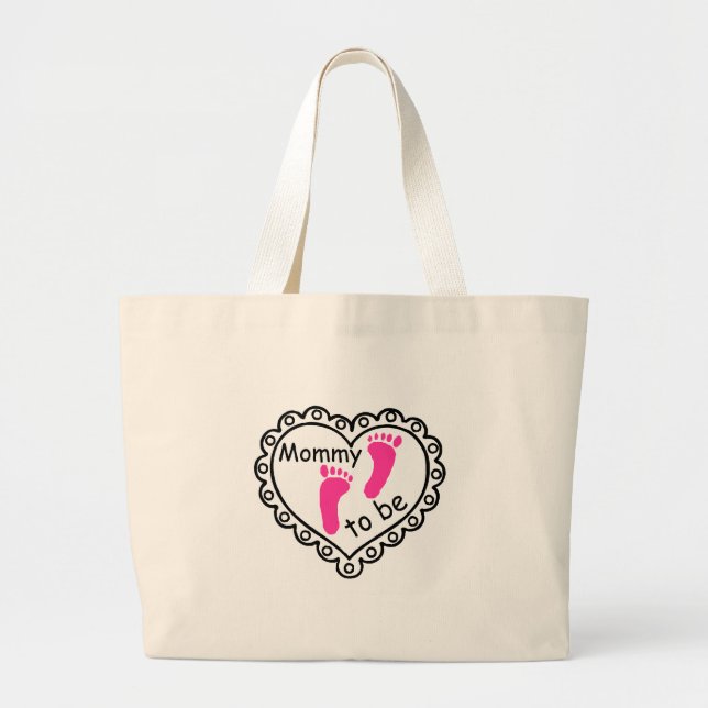 Mummy To Be Pink Girl Footprints Heart Large Tote Bag (Front)
