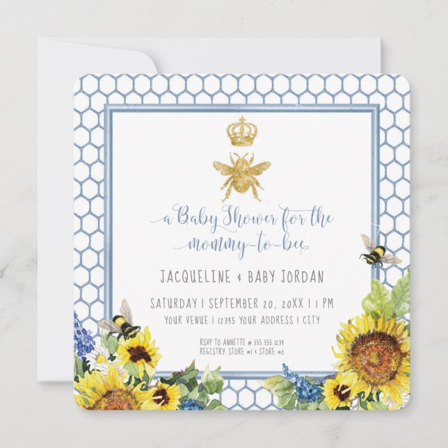 Mummy to Bee Bumblebee Sunflower Gold Glitter Baby Invitation (Front)