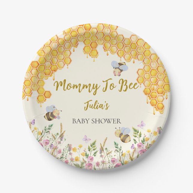 Mummy to Bee Cute Bumblebee Floral Baby Shower Paper Plate (Front)