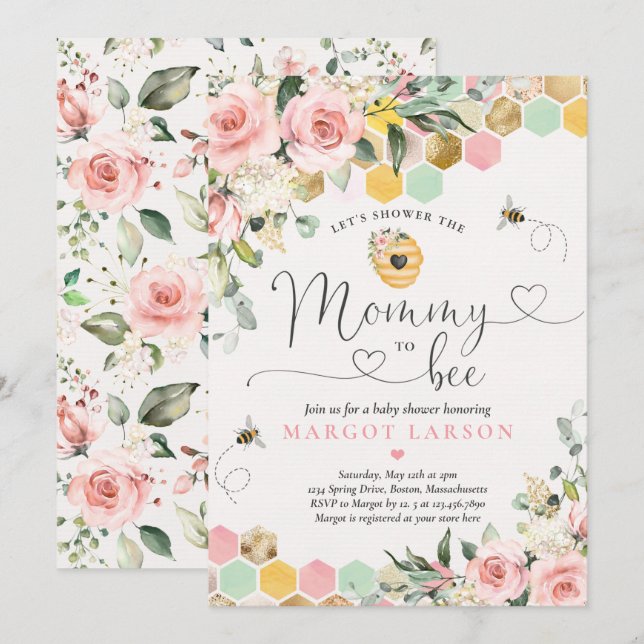 Mummy To Bee Greenery Pink & Gold Bee Baby Shower Invitation (Front/Back)