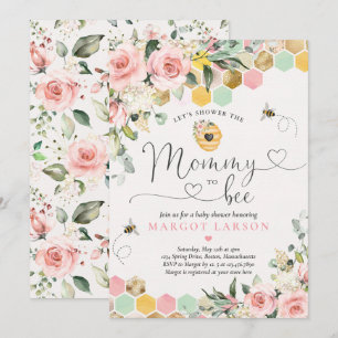 Mummy To Bee Greenery Pink & Gold Bee Baby Shower Invitation