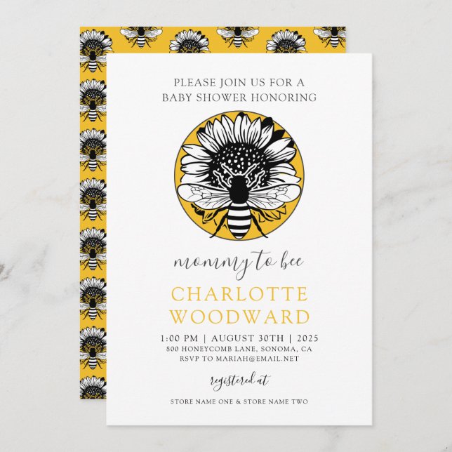 Mummy To Bee Honey Bee Sunflower Baby Shower  Invi Invitation (Front/Back)