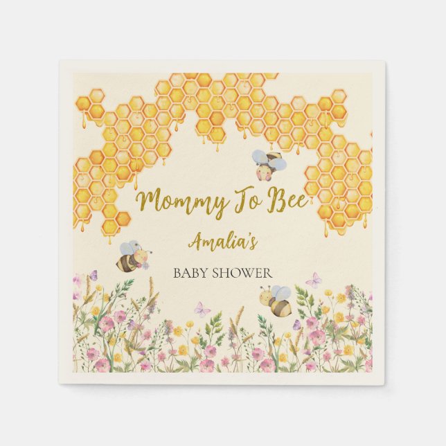 Mummy to Bee Honey Bumblebee Floral Baby Shower Napkin (Front)