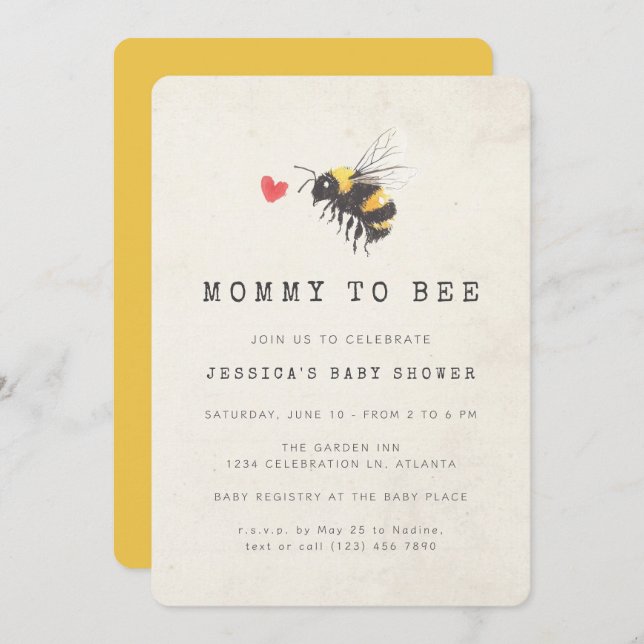 Mummy to Bee Honey Heart Yellow Baby Shower Invitation (Front/Back)