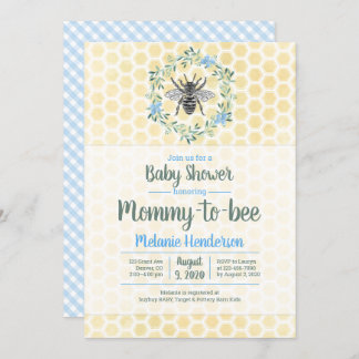 Mummy to bee, honeycomb, gingham, boy baby shower invitation
