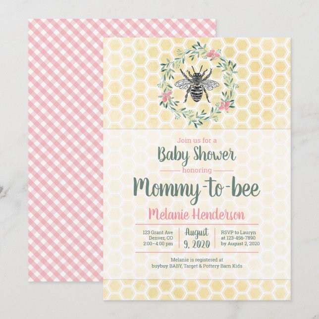 Mummy to bee, honeycomb, gingham, girl baby shower invitation (Front/Back)