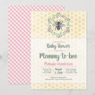 Mummy to bee, honeycomb, gingham, girl baby shower invitation