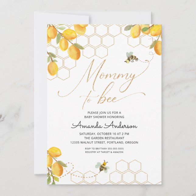 Mummy To Bee Lemons Glitter Honeycomb Baby Shower Invitation (Front)