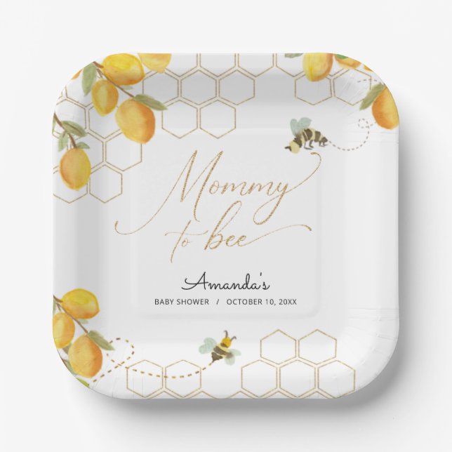 Mummy To Bee Lemons Glitter Honeycomb Baby Shower Paper Plate (Front)