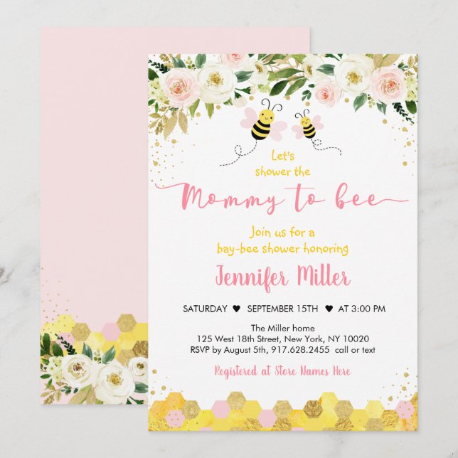 Mummy to Bee Pink Gold Floral Baby Shower Invitation (Front/Back)