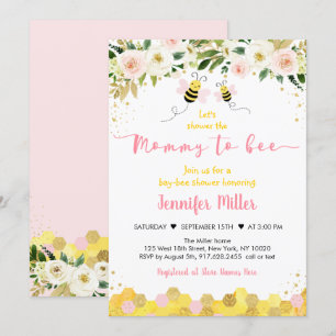 Mummy to Bee Pink Gold Floral Baby Shower Invitation