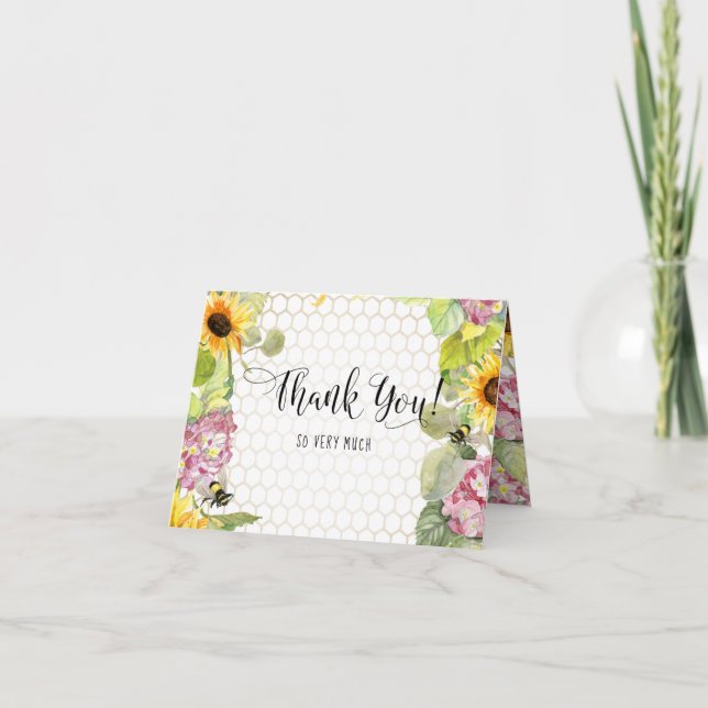 Mummy to Bee Sunflower Pink Hydrangeas  Thank You Card (Front)