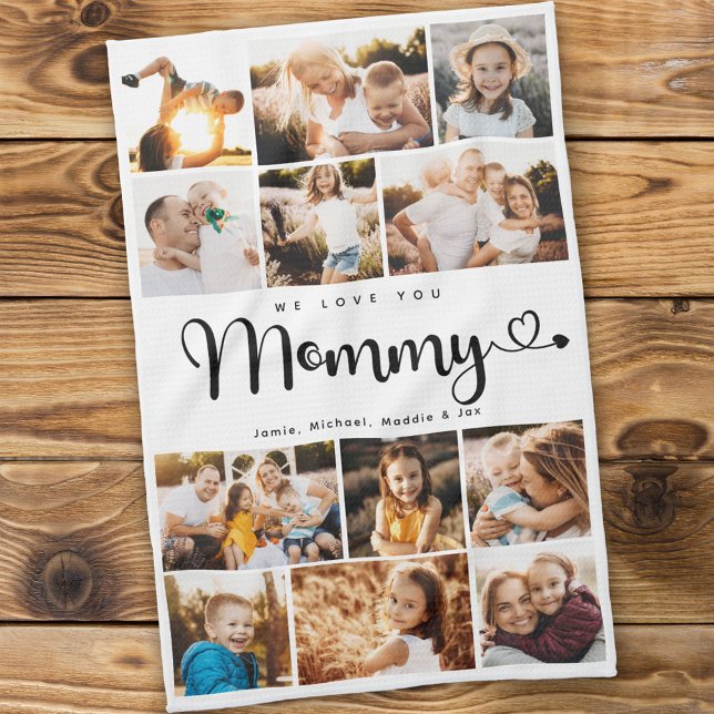 Mummy We Love you Hearts Modern Photo Collage Tea Towel (Creator Uploaded)