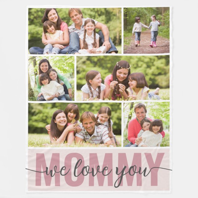 Mummy We Love You Photo Collage Pink 6 Pictures Fleece Blanket (Front)