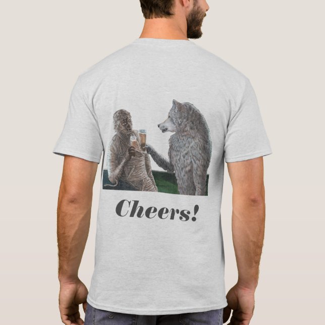 Mummy & Werewolf Drinking Beer Fantasy Art Shirt (Back)