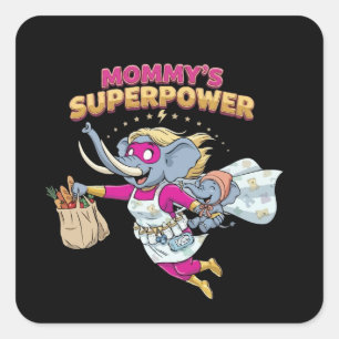 Mummy's Superpower Elephant Superhero Cartoon Funn Square Sticker