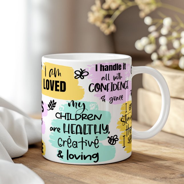 Mum's Affirmation Mother's Day Gift Coffee Mug (Mom's Affirmation Mother's Day Gift Coffee Mug on a boho wooden table.)