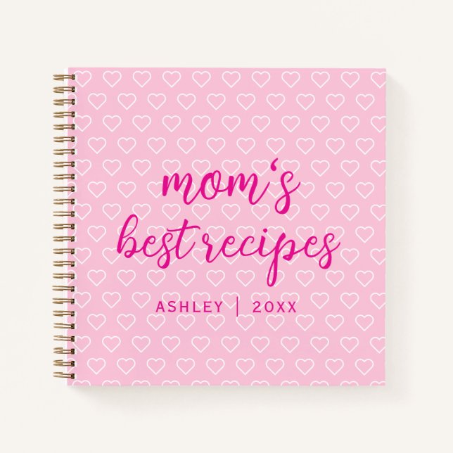Mum's Best Recipes Cute Pink Heart Pattern Trendy Notebook (Front)