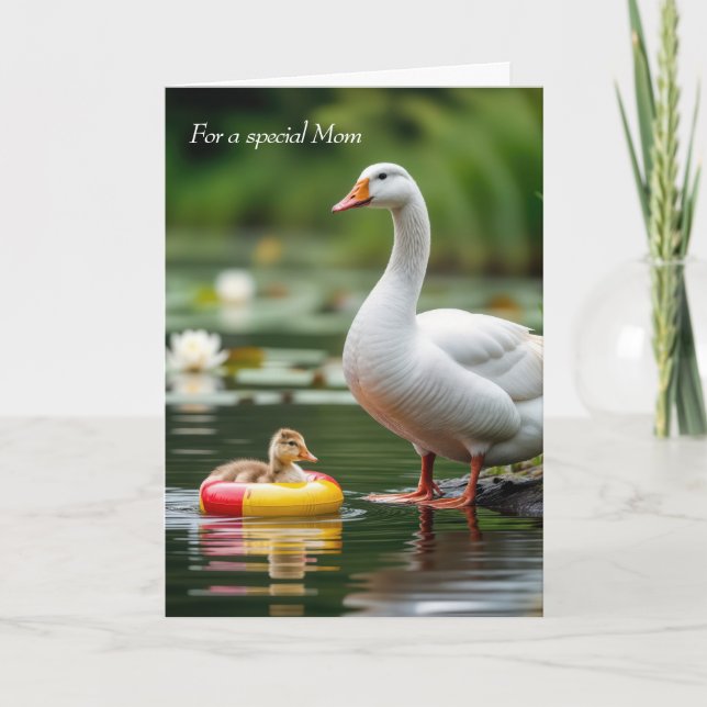 Mum's Birthday White Goose With Gosling Card (Front)