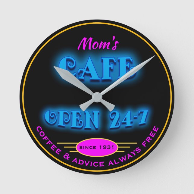 Mum's Cafe Open 24 Hrs Faux Retro Blue Neon - Round Clock (Front)